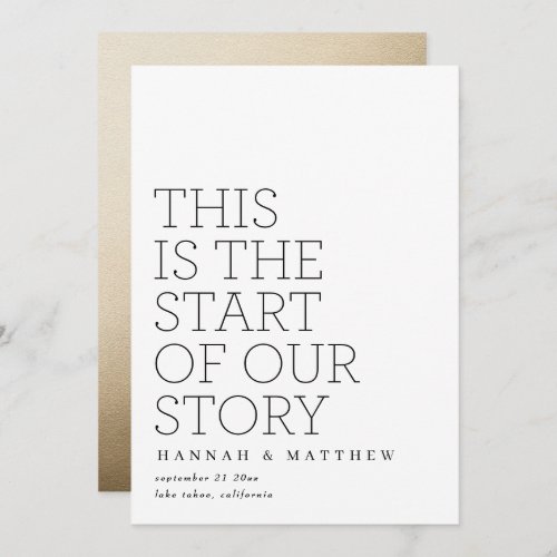 modernstart of our story gold typography wedding save the date