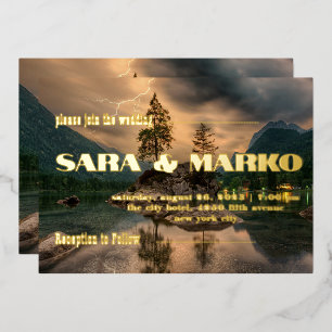 ModernTypography Mountains Lake Foil Invitation