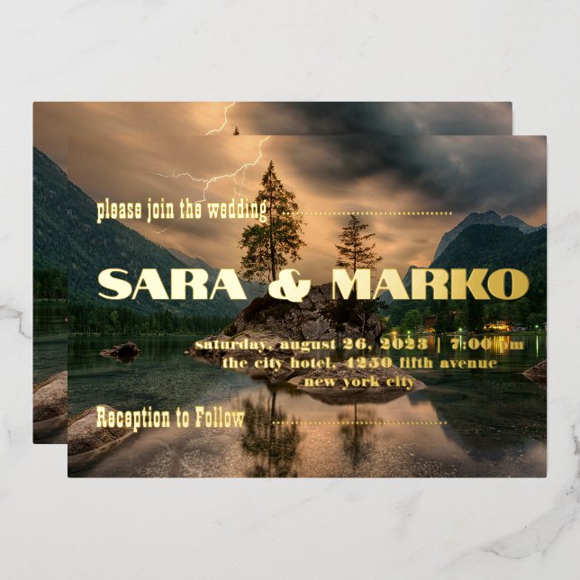 ModernTypography | Mountains Lake Foil Invitation (Front/Back)