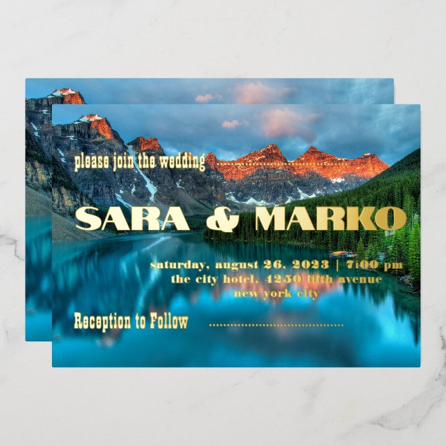 ModernTypography | Mountains Lake Foil Invitation (Front/Back)