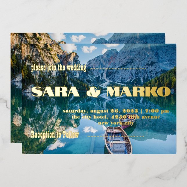 ModernTypography | Mountains Lake Foil Invitation (Front/Back)