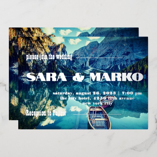 ModernTypography | Mountains Lake Foil Invitation (Front/Back)