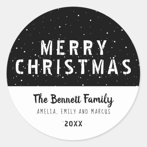 Moderrn Black and White Typography Merry Christmas Classic Round Sticker