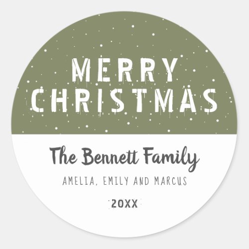 Moderrn Olive Green Typography Merry Christmas Classic Round Sticker