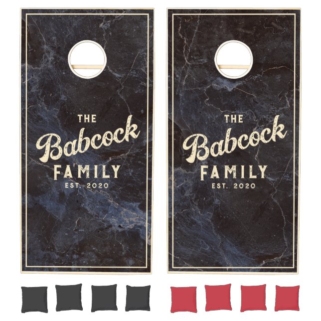 Modest Dark Stone Retro Family Name & Year Cornhole Set (Set)