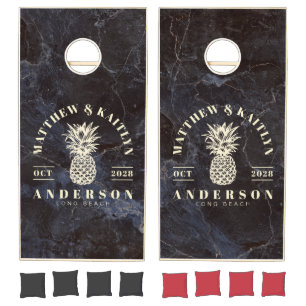Modest Dark Stone Tropical Pineapple Wedding Crest Cornhole Set