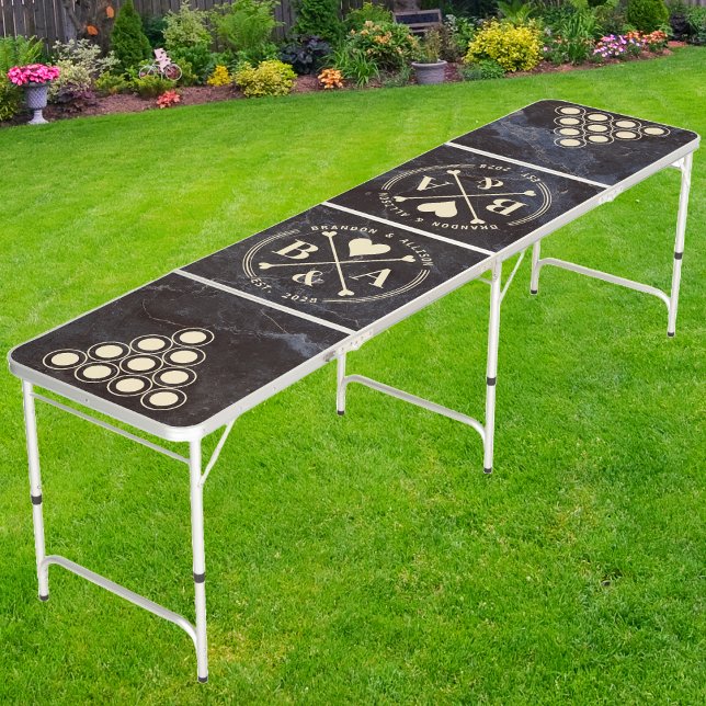 Modest Dark Stone Wedding Heart Crossing Initial Beer Pong Table (Creator Uploaded)