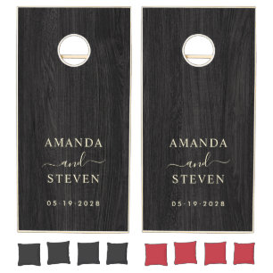 Modest Dark Wood Couple Names with Wedding Date Cornhole Set