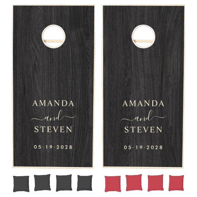 Modest Dark Wood Couple Names with Wedding Date Cornhole Set (Set)