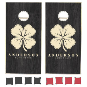 Modest Dark Wood Four Leaf Clover with Name Cornhole Set