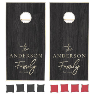 Modest Dark Wood Hand Written Family Name Cornhole Set