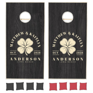 Modest Dark Wood Irish Lucky Clover Wedding Crest Cornhole Set