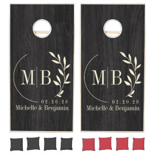 Modest Dark Wood Leaf Wedding Monogram Cornhole Set