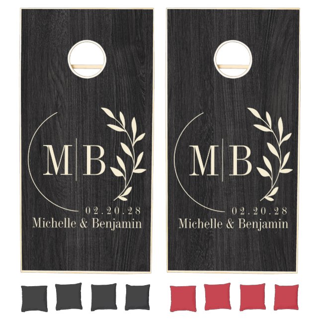 Modest Dark Wood Leaf Wedding Monogram Cornhole Set (Set)