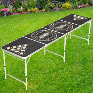 Modest Dark Wood Pineapple Wedding Crest & Names Beer Pong Table