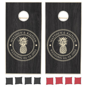 Modest Dark Wood Pineapple Wedding Crest & Names Cornhole Set