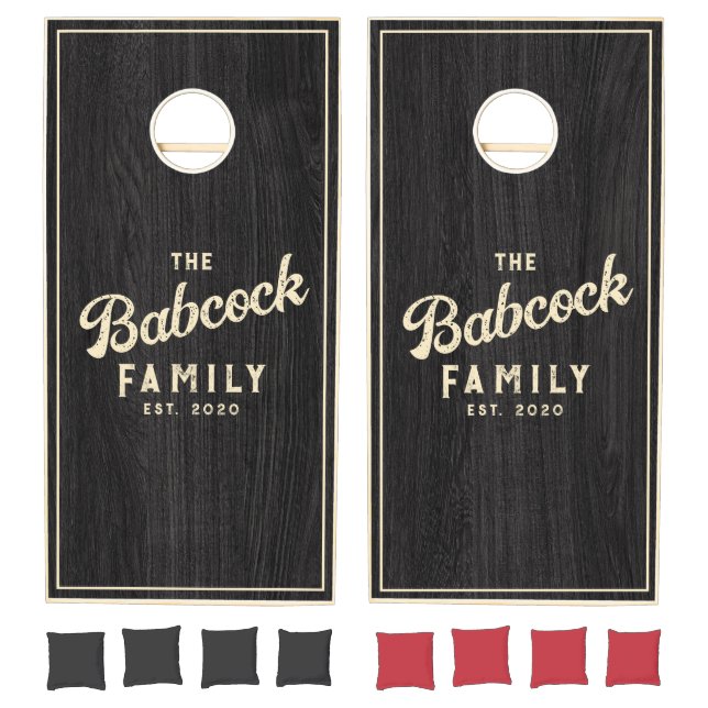 Modest Dark Wood Retro Family Name & Year Cornhole Set (Set)
