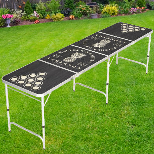 Modest Dark Wood Tropical Pineapple Wedding Crest Beer Pong Table