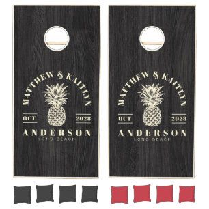 Modest Dark Wood Tropical Pineapple Wedding Crest Cornhole Set