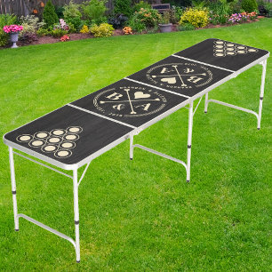 Modest Dark Wood Wedding Heart Crossing Initial Beer Pong Table