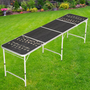 Modest Dark Wood Wedding String Lighting & Name Beer Pong Table