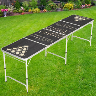 Modest Dark Wood Wedding String Lights & Name Beer Pong Table