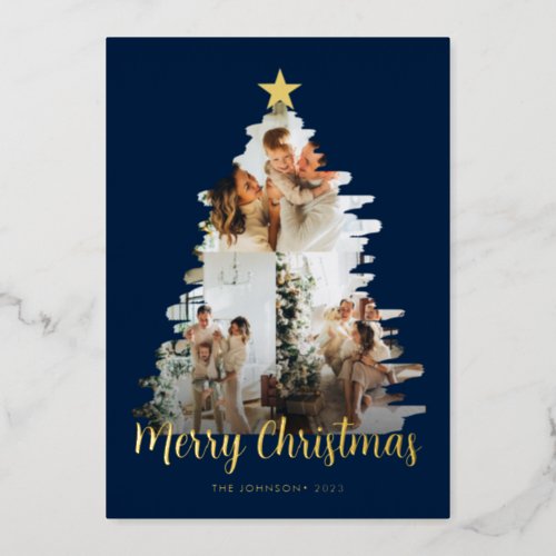 Modish Blue Christmas Tree Frame 3 Photo  Foil Holiday Card