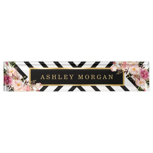 Modish Floral Gold Frame Black White Stripes Nameplate