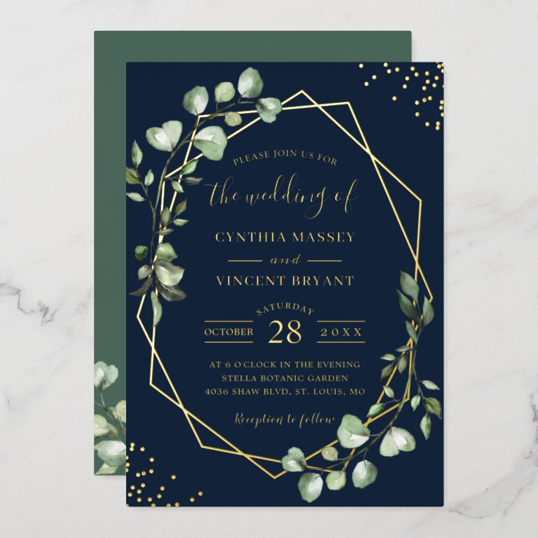 Modish Geometric Eucalyptus Leaves Wedding Gold Foil Invitation