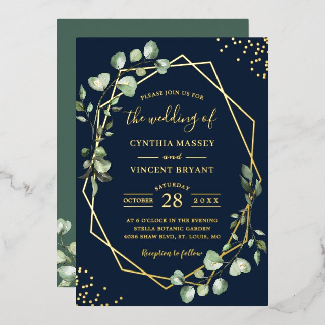 Modish Geometric Eucalyptus Leaves Wedding Gold Foil Invitation (Front/Back)