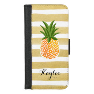 Modish Pineapple with Gold Stripes Monogram Name iPhone 8/7 Wallet Case