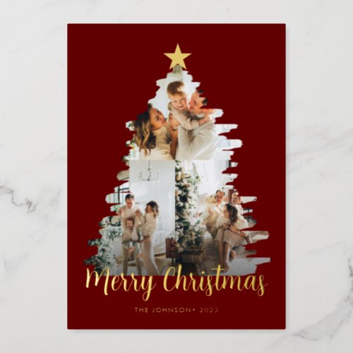 Modish Red Christmas Tree Frame 3 Photo Foil Holiday Card