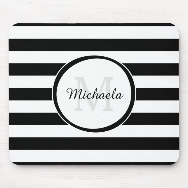 Modish Thick Black and White Stripes and Monogram Mouse Pad (Front)