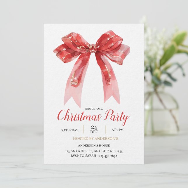 modren red bow Christmas  Invitation (Standing Front)