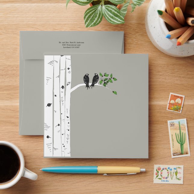 Modrn Birch Tree Wedding Square Envelopes (Desk)