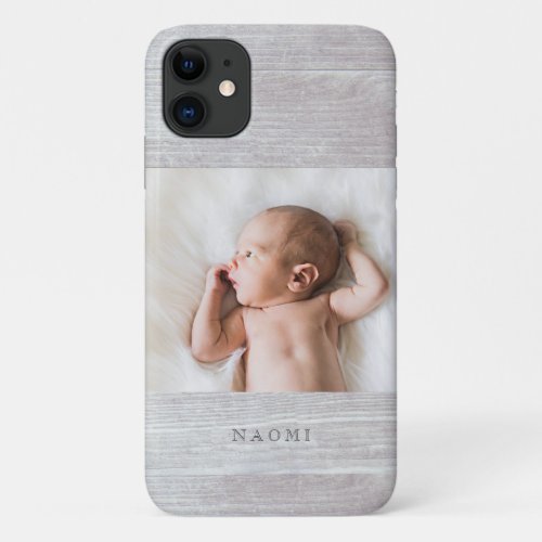 Modsern Faux White Wood  Custom Photo Name iPhone 11 Case