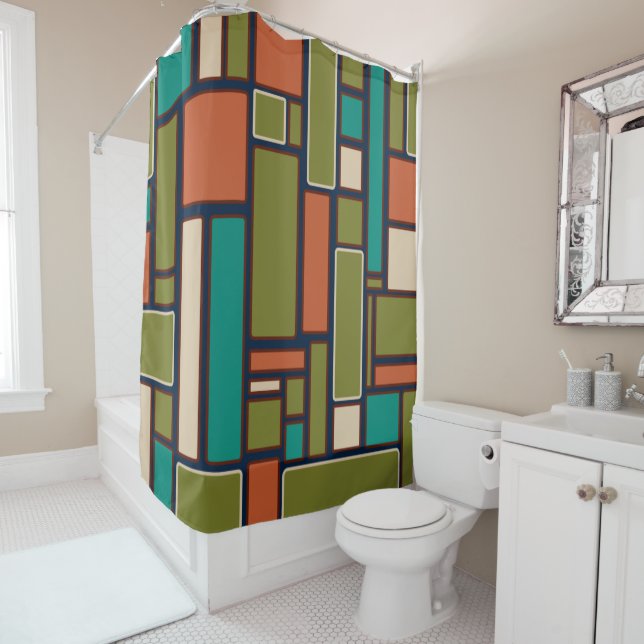 Modulus Midcentury Modern Retro Geometric Pattern Shower Curtain (In Situ)