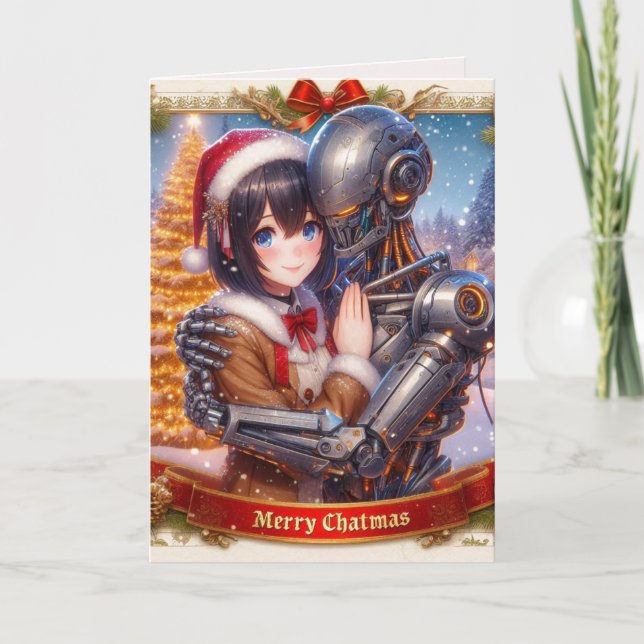 Moe Chatbot Love Female + Robot Christmas Holiday Card (Front)
