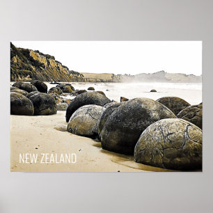 Moeraki Boulders New Zealand travel Poster