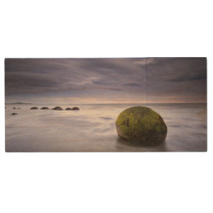 Moeraki Boulders Sunrise Seascape Wood USB Flash Drive