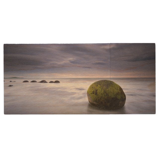 Moeraki Boulders Sunrise Seascape Wood USB Flash Drive (Front)