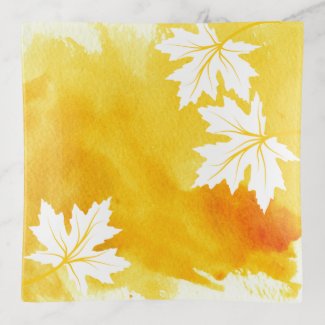 Moern yellow watercolor splash and maple leaves trinket trays
