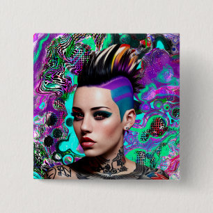 Mohawk Punk Girl Abstract Art Button