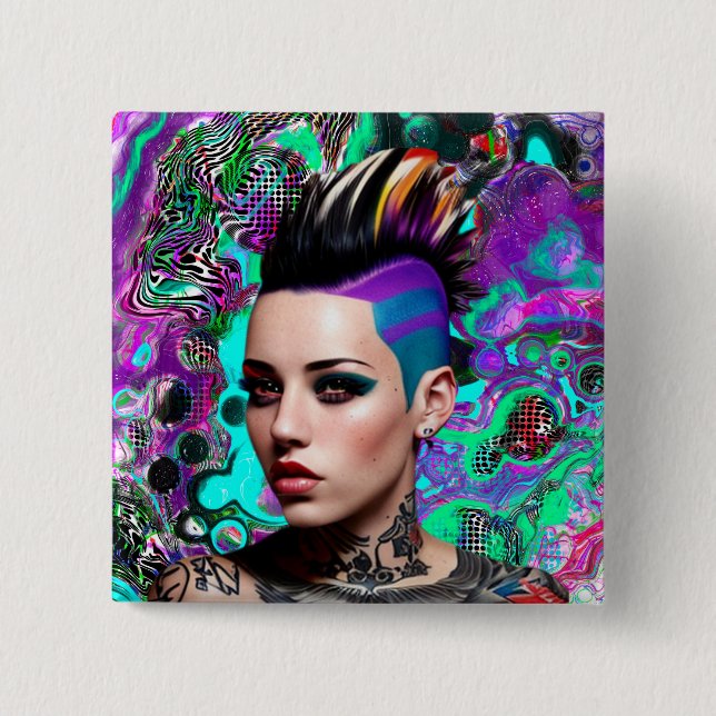 Mohawk Punk Girl Abstract Art Button (Front)