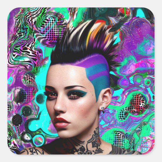 Mohawk Punk Girl Abstract Art Square Sticker (Front)