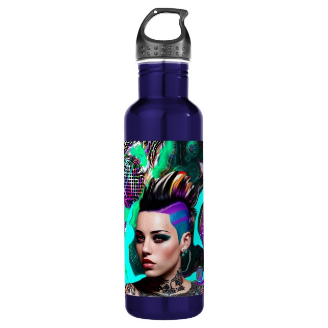 Mohawk Punk Girl Abstract Art Stainless Steel Water Bottle (Front)