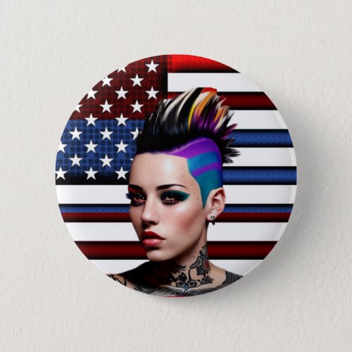 Mohawk Punk Girl with American Flag Button
