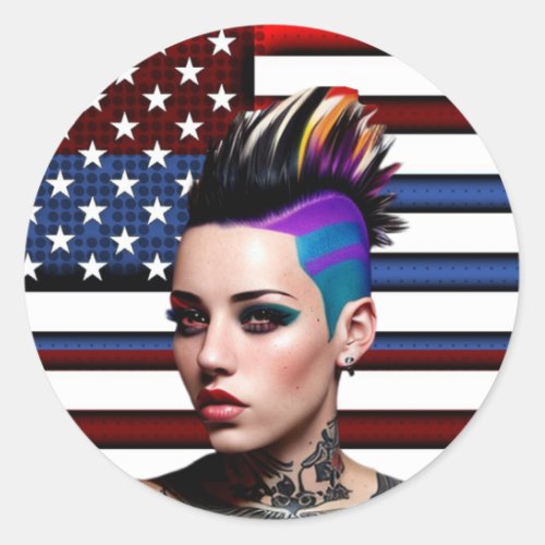 Mohawk Punk Girl with American Flag Classic Round Sticker