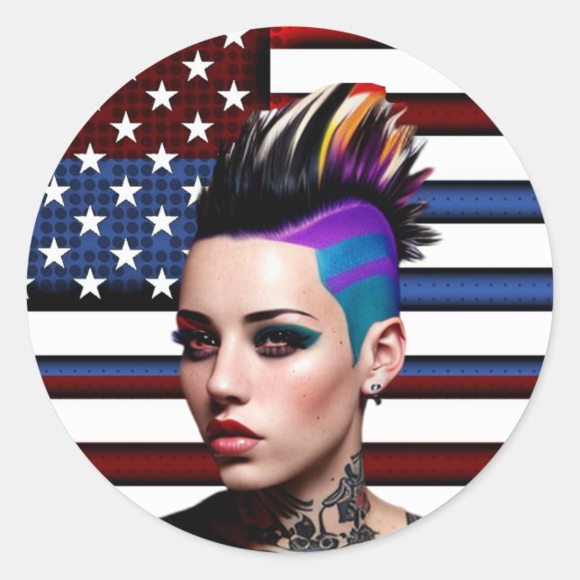 Mohawk Punk Girl with American Flag Classic Round Sticker (Front)