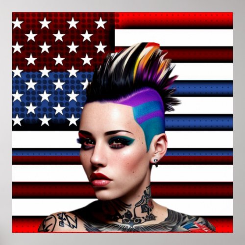 Mohawk Punk Girl with American Flag Poster